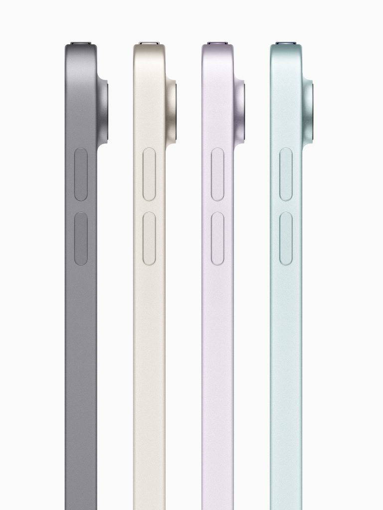 The profile of the four new colors of the iPad Air: Space Grey, Starlight, Purple, and Blue