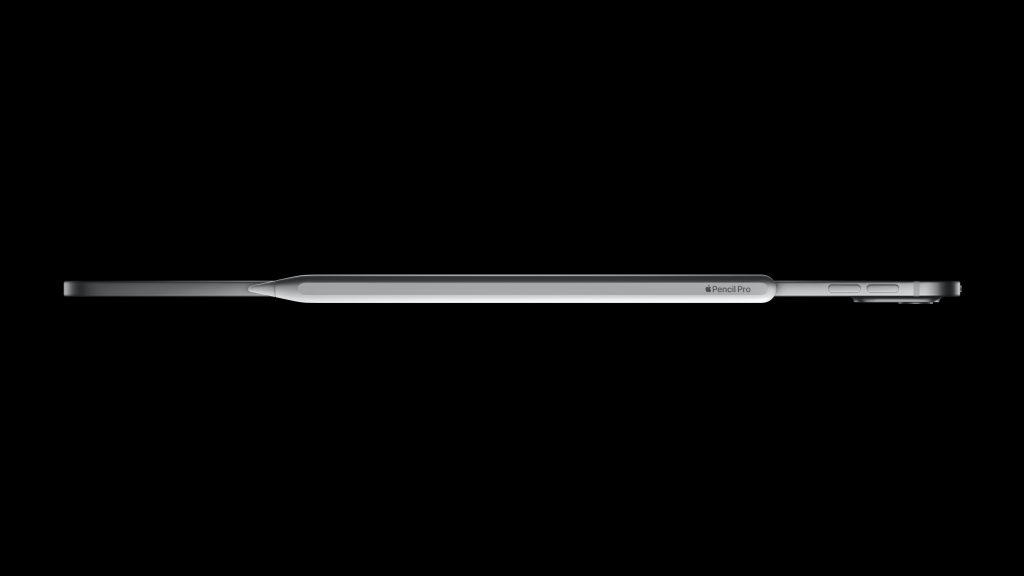 The profile of the iPad Pros and the Apple Pencil Pro. The Apple Pencil is notably thicker than the iPad Pro.