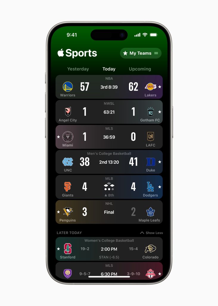 The main "Today" view from the Apple Sports app showing a list of games both in progress and coming up