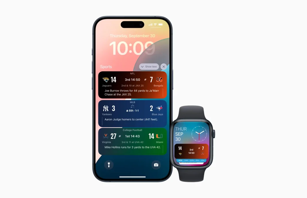 An iPhone 15 Pro on the left and an Apple Watch Series 9 on the right both showing live activities from Apple's Sports app