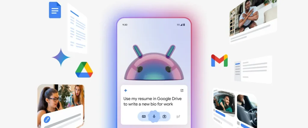 A press image from Google showcasing their AI features with an array of app logos and screenshots and a centered image of Google's AI image generator