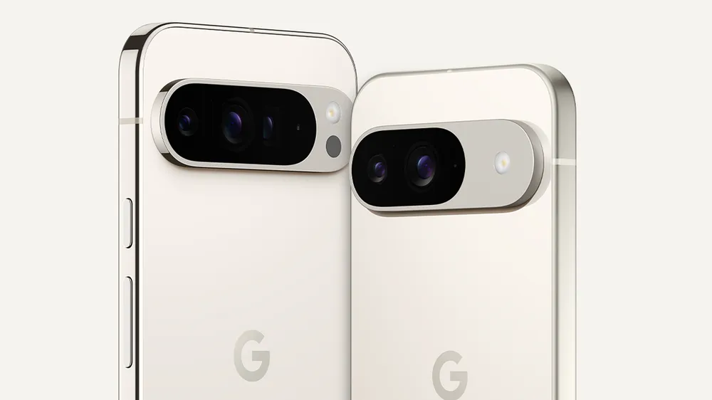 Two images of Google Pixel 9 Pros, with the 9 Pro XL on the Left and the 9 Pro on the Right, both in their white color ways