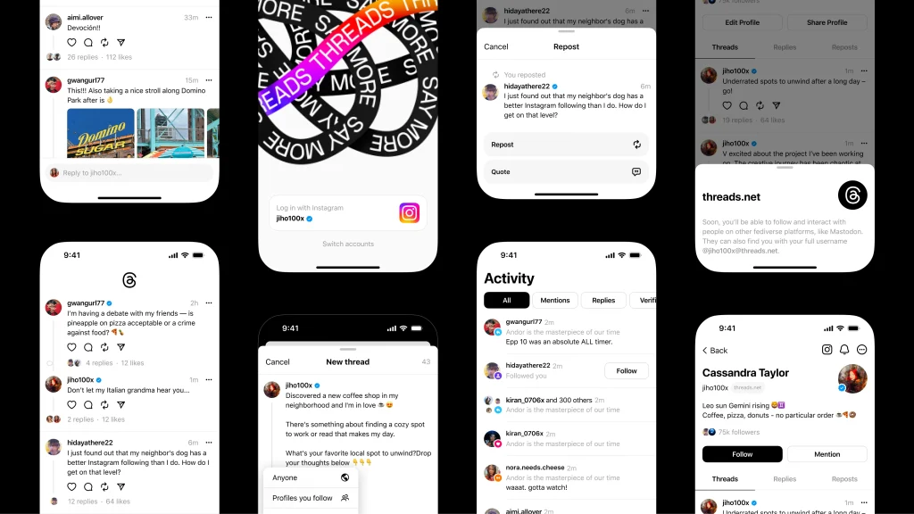 A collage of mockups of the Threads app showcasing the features and design of the app