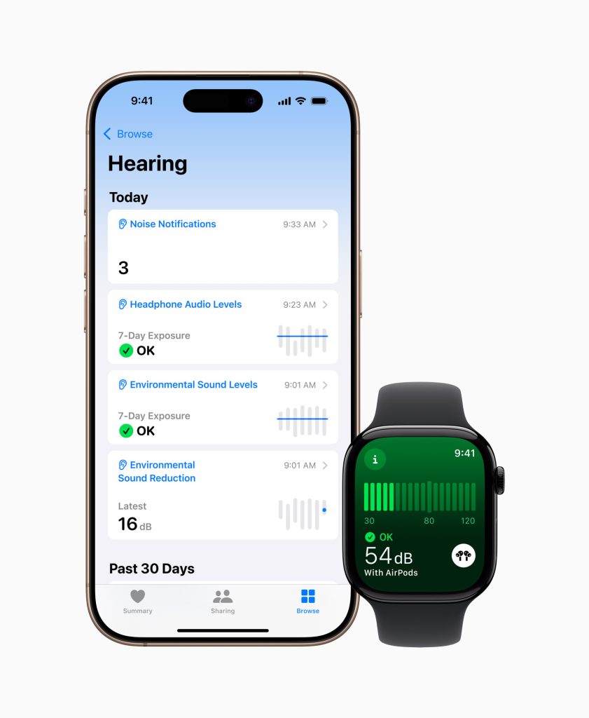 A screenshot from the health app showing off the selection of hearing health metrics on the iPhone (left) as well as an Apple Watch on the right open to the noise app