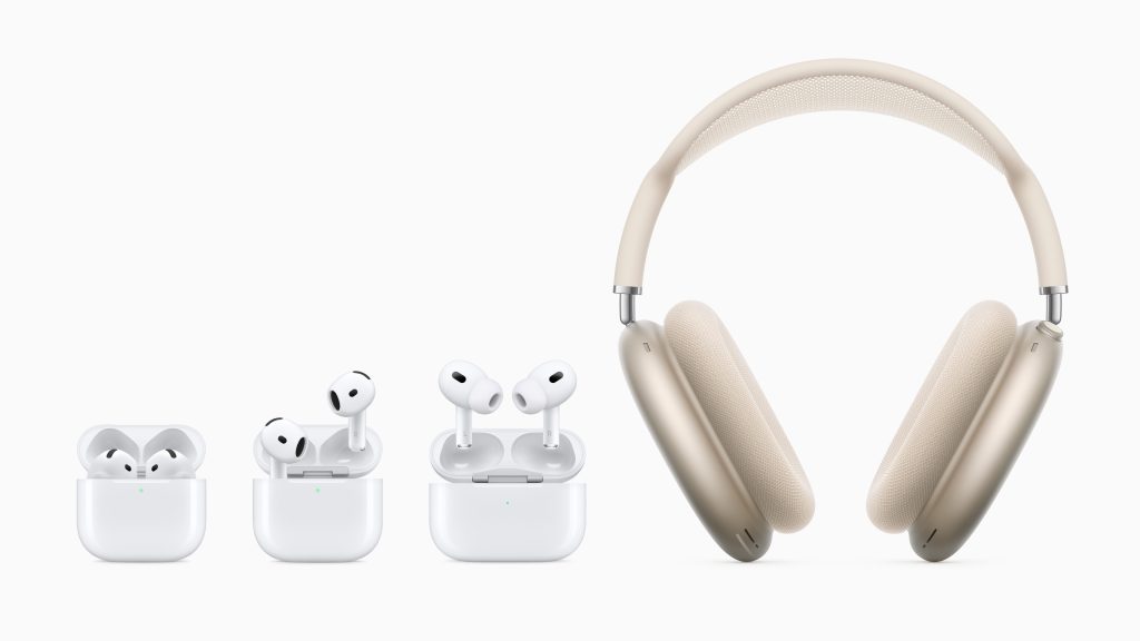 The lineup of AirPods ranging from AirPods 4 on the left, to AirPods Pro 2 in the center, and AirPods Max on the right on a white background