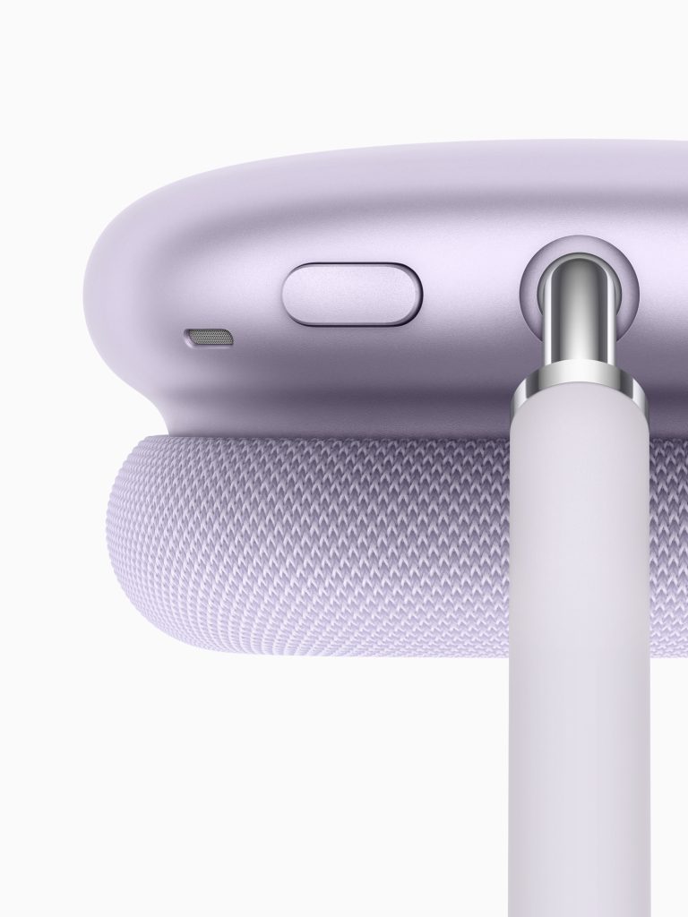 A closeup of the earcup of the purple AirPods Maxes