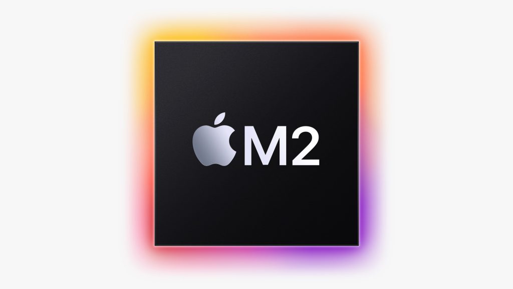 Apple's M2 chip sitting centered on a white background with a yellow, orange, purple, and red glow behind each of the corners