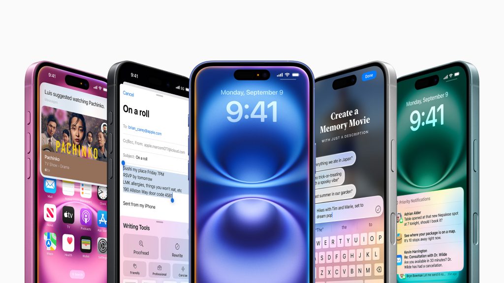 An array of new iPhone 16 models fanned from the center on a white background showcasing Apple Intelligence features