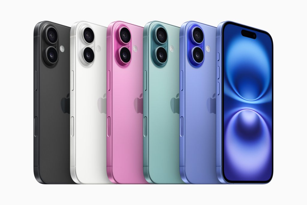 The iPhone 16 lineup fanned from left to right on a white background, colors  are (left to right) black, white, pink, teal, and blue