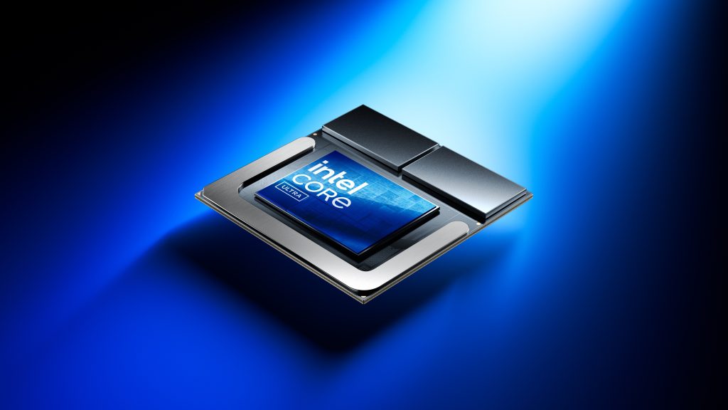 An image of an Intel Core Ultra 200V chip on a black background with blue light streaks