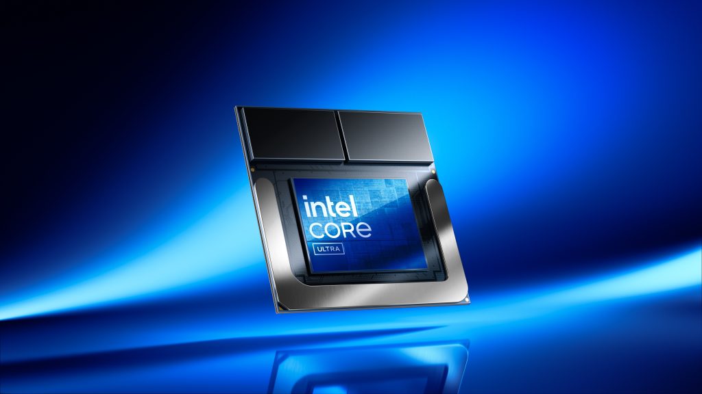 An image of an Intel Core Ultra 200V Chip on a black background with blue light streaks