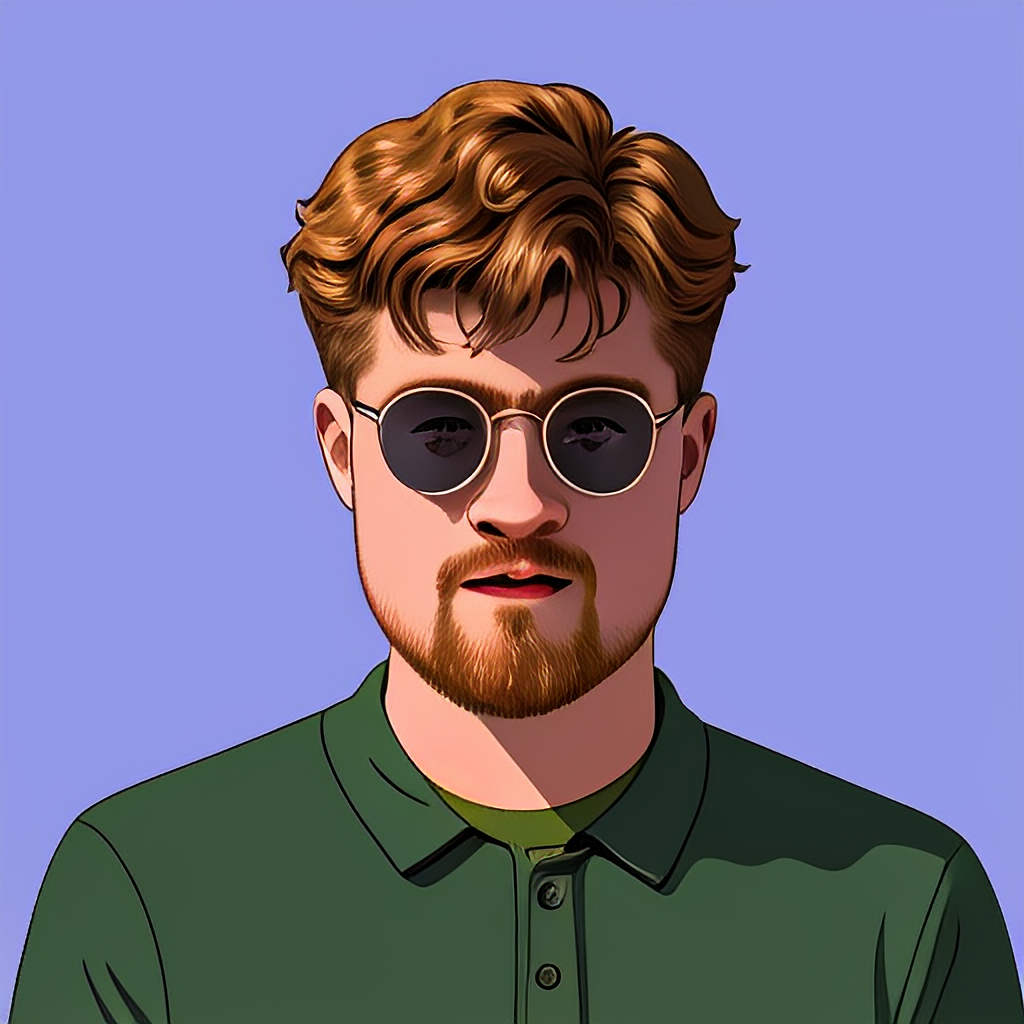 An image generated by Image Playground of a man in a green shirt on a blue/purple background