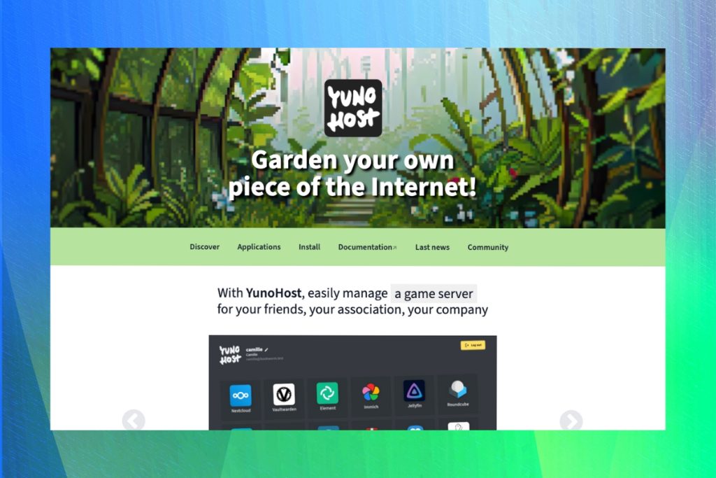 A blue and green background with the Yunohost logo, garden image, and the words "Garden your own piece of the internet!"