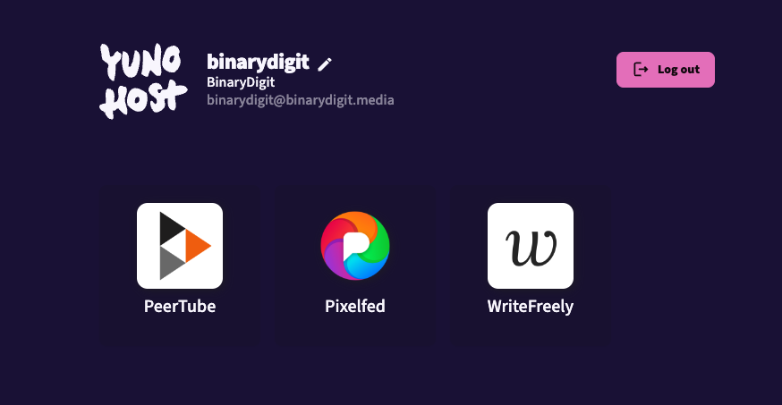 A dark purple login page with the logo of Yunohost, and 3 app icons for Peertube, Pixelfed, and Writefreely.